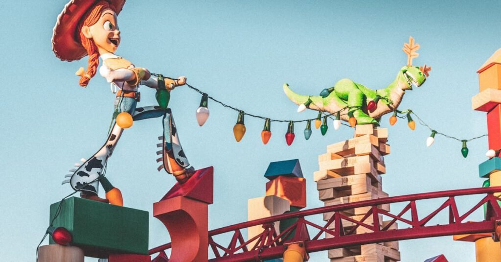 Toy Story characters Jessie and Rex in vibrant scene at Orlando park